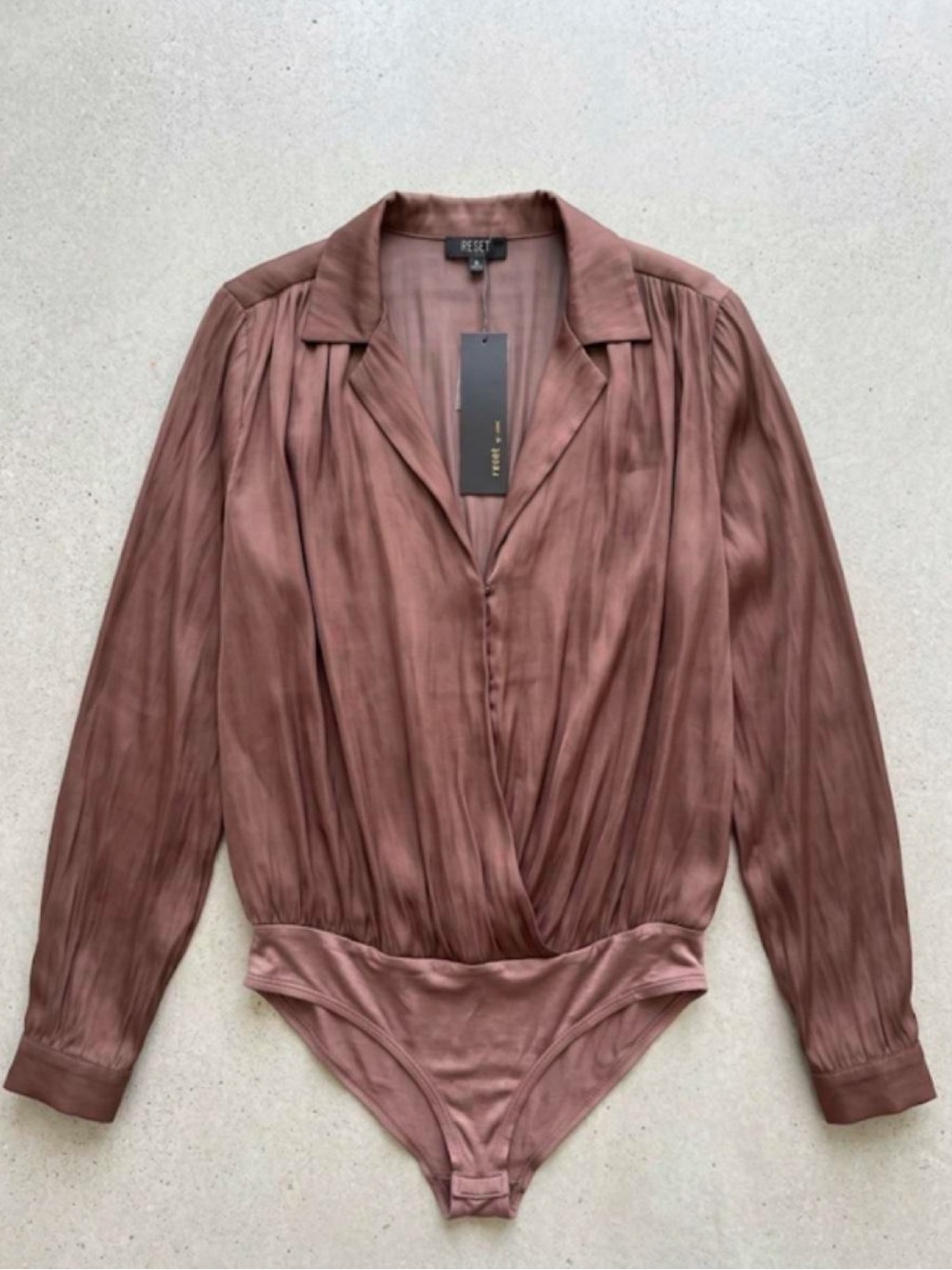 NWT RESET Mauve/Brown Satin Long-Sleeve Wrap Bodysuit MSRP 98